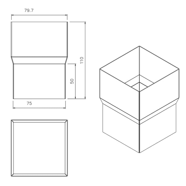 Technische Zeichnung des Fallrohrverbinders mit Massen 75x79.7x110 mm, Seiten- und Draufsicht