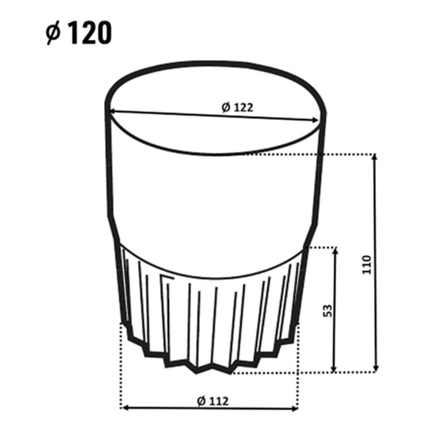 Technische Zeichnung des Fallrohrverbinders mit Massangaben, Durchmesser oben 122 mm, unten 112 mm, Hoehe 110 mm