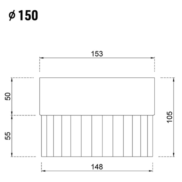 Technische Zeichnung des Fallrohrverbinders mit Massangaben, Durchmesser 150 mm