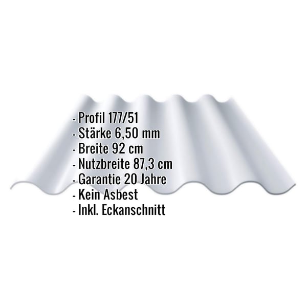 Faserzement Wellplatte Europa Profil 5 naturgrau, 6,50 mm Stärke, mit eingeblendeten Eckdaten