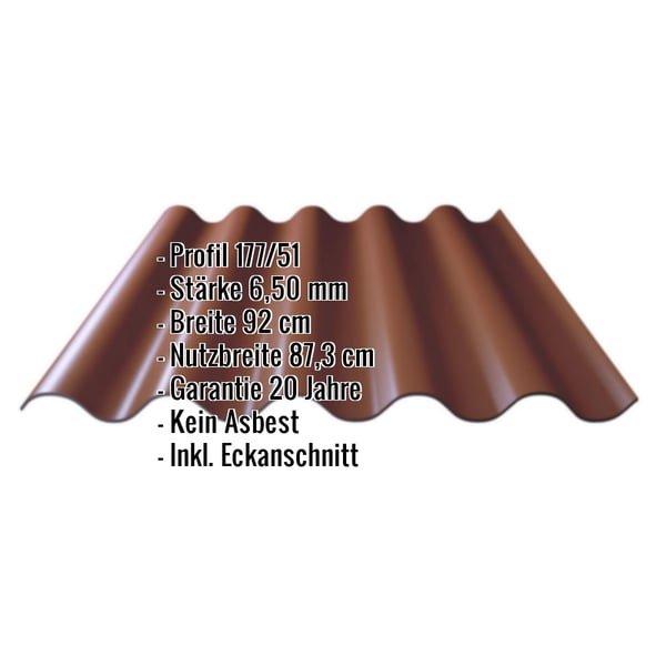 Faserzement Wellplatte Europa Profil 5 rotbraun, 6,50 mm Staerke, mit eingeblendeten Eckdaten