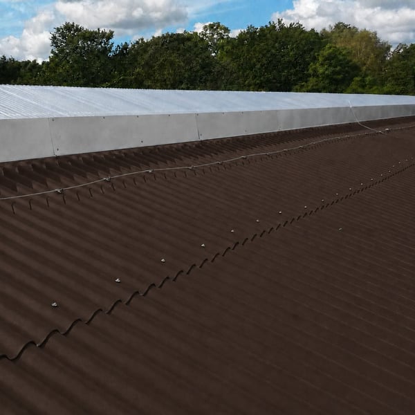 Dachfläche aus dunkelbraunen Faserzement Wellplatten Europa Profil 5 mit sichtbaren Befestigungsschrauben