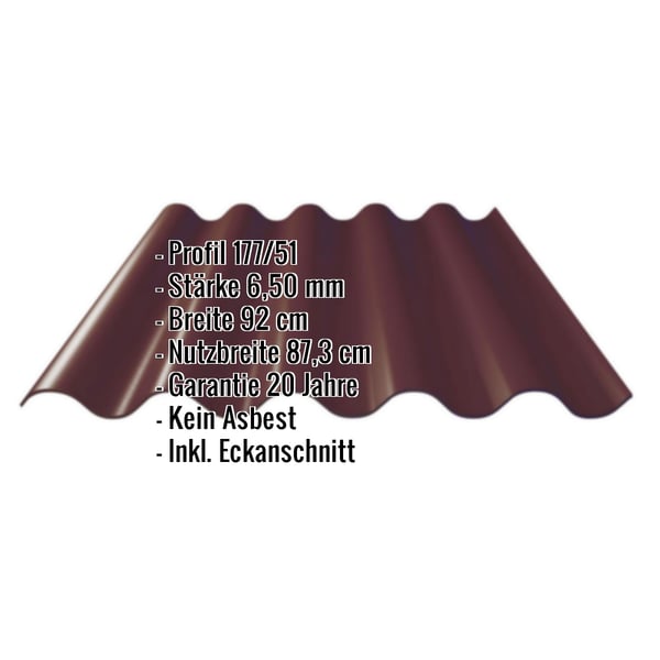 Faserzement Wellplatte Europa Profil 5 dunkelbraun, 6,50 mm Stärke, mit eingeblendeten Eckdaten