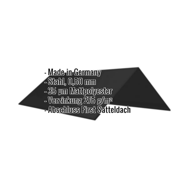 Firstblech flach schwarz, Stahl 0,50 mm, Mattpolyester-Beschichtung, Eckdaten eingeblendet