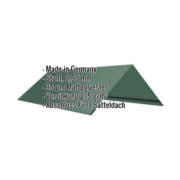 Firstblech flach Moosgrün, 0,50 mm Stahl, 35 µm Mattpolyester, mit eingeblendeten Eckdaten