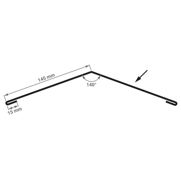 Technische Zeichnung Firstblech flach mit Massen 145 mm und 15 mm, Winkel 140 Grad