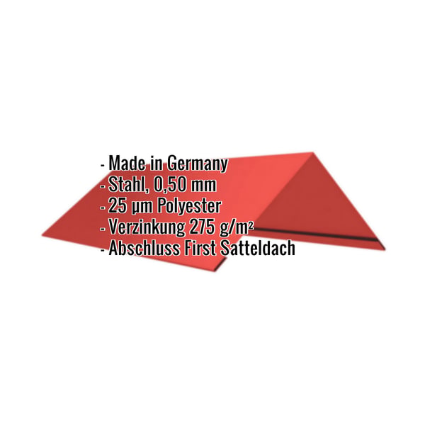 Firstblech flach Korallenrot mit eingeblendeten Eckdaten zu Material, Staerke und Beschichtung