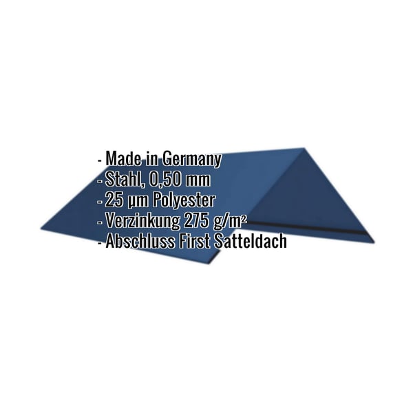 Firstblech flach Enzianblau RAL 5010 mit eingeblendeten Eckdaten zu Material, Staerke und Beschichtung