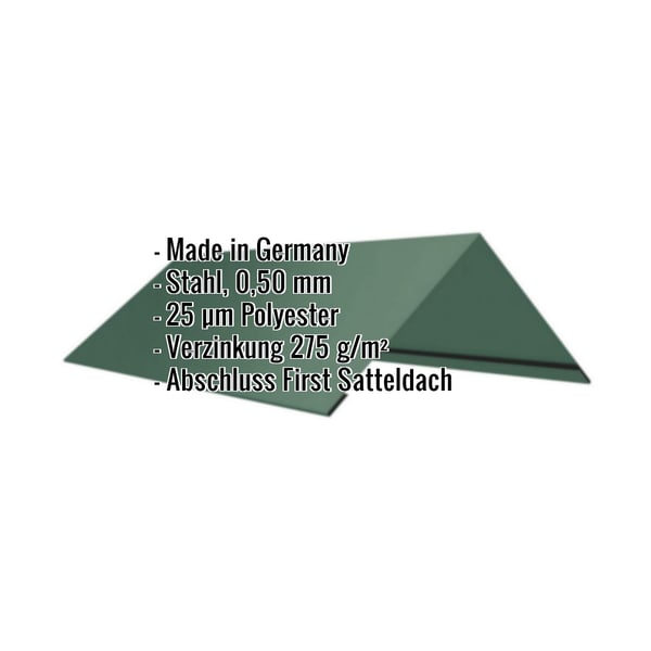 Firstblech flach moosgrün, Stahl 0,50 mm, 25 µm Polyester, mit eingeblendeten Eckdaten