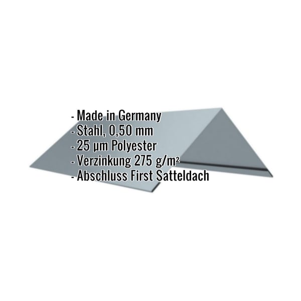Firstblech flach Fehgrau, Stahl 0,50 mm, 25 µm Polyester, mit eingeblendeten Eckdaten
