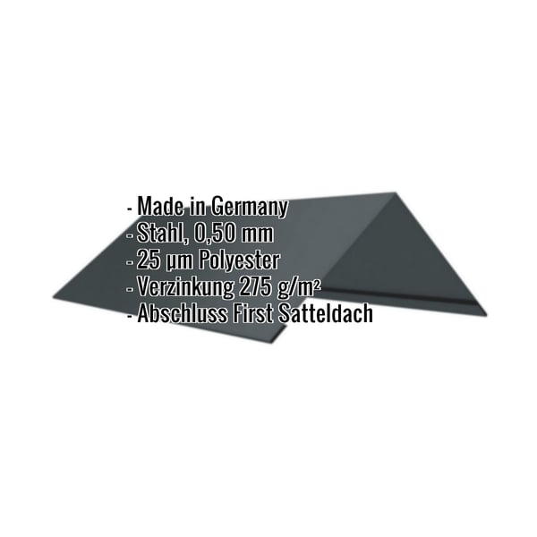 Firstblech flach Anthrazitgrau mit eingeblendeten Eckdaten zu Material, Staerke und Beschichtung