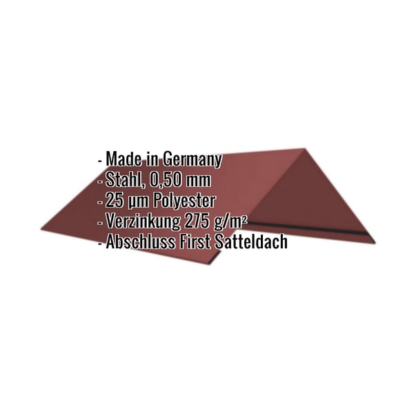 Firstblech flach Rotbraun, 0,50 mm Stahl, 25 µm Polyester, mit eingeblendeten Eckdaten