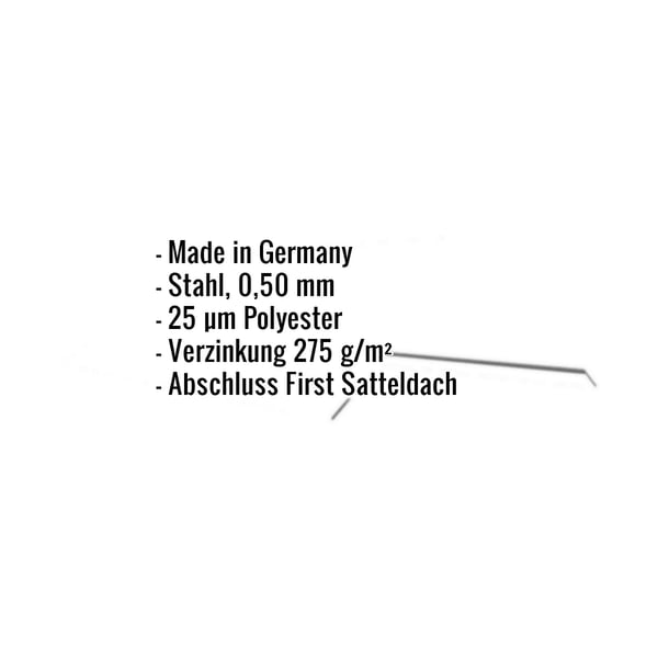 Infografik: Eckdaten zum Firstblech, Material Stahl 0,50 mm, 25 µm Polyesterbeschichtung, Verzinkung 275 g/m², Made in