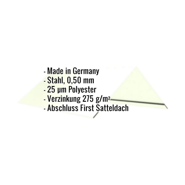 Infografik Firstblech flach, Stahl 0,50 mm, 25 µm Polyester, Verzinkung 275 g/m², Abschluss First Satteldach