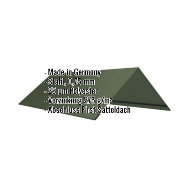 Firstblech flach Chromoxidgrün, Stahl 0,75 mm, 25 µm Polyester, mit eingeblendeten Eckdaten