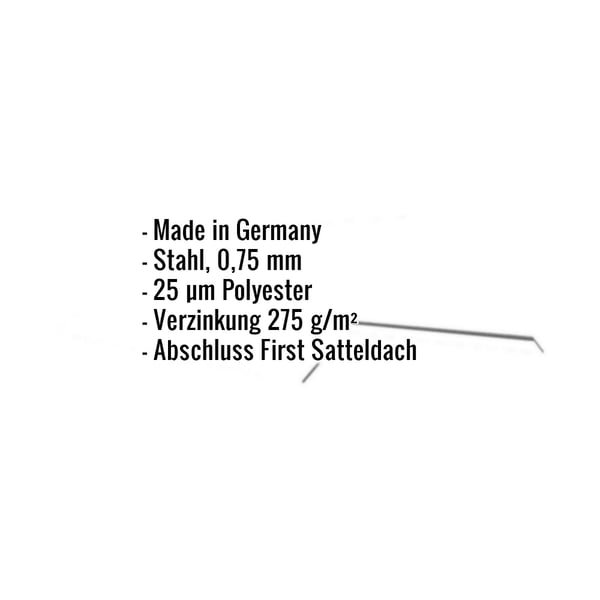 Infografik: Wichtige Eckdaten zum Firstblech wie Material, Stärke und Beschichtung eingeblendet
