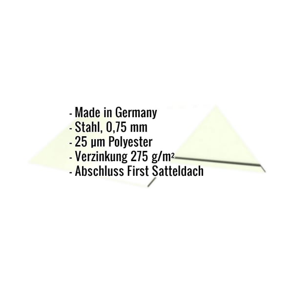 Infografik: Firstblech flach, Stahl 0,75 mm, 25 µm Polyester, Verzinkung 275 g/m², Abschluss First Satteldach