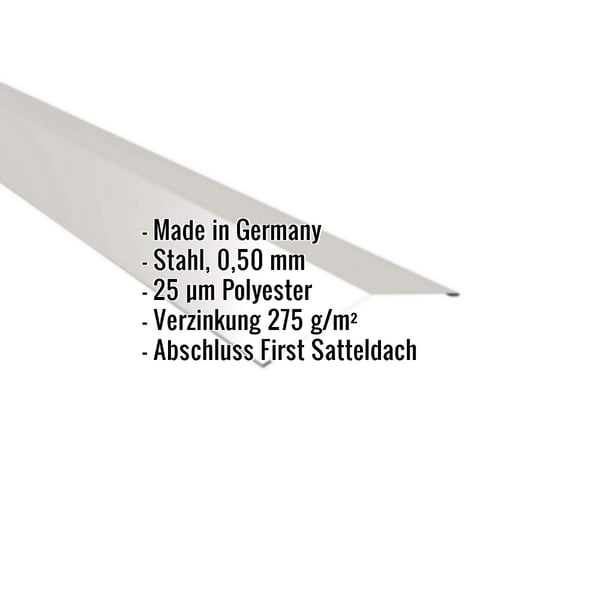 Firstblech flach Lichtgrau RAL 7035, 0,50 mm Stahl, mit eingeblendeten Eckdaten