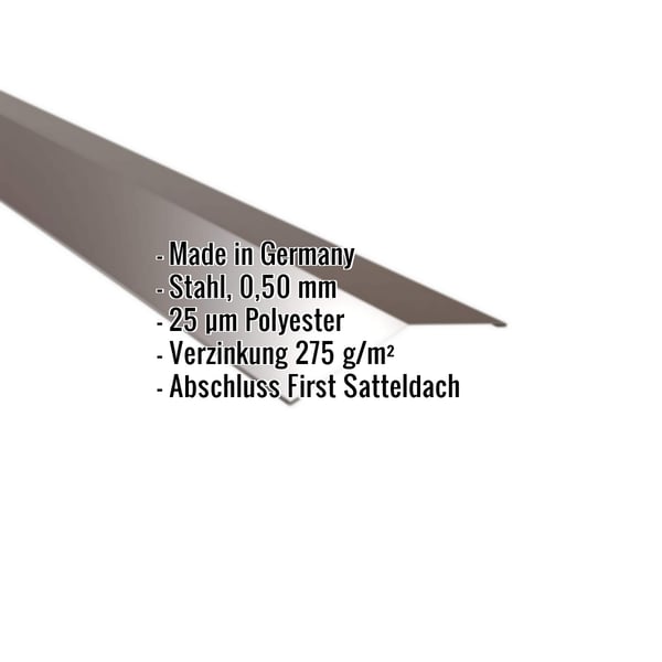 Firstblech flach, sepiabraun, mit eingeblendeten Eckdaten zu Material, Staerke und Beschichtung