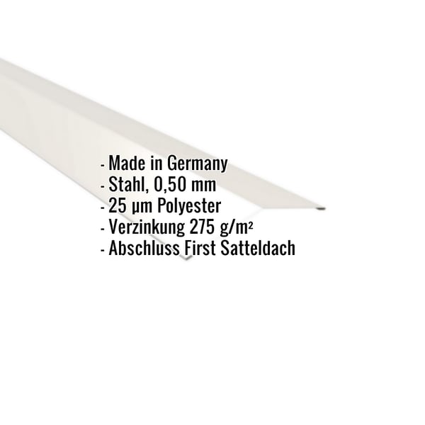 Firstblech flach Reinweiß RAL 9010, 0,50 mm Stahl, mit eingeblendeten Produktdaten
