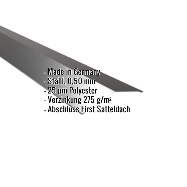 Firstblech flach Tiefschwarz RAL 9005, 0,50 mm Stahl, mit eingeblendeten Eckdaten