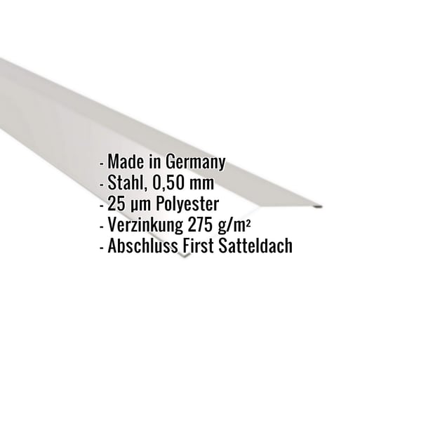 Firstblech flach Weißaluminium, 0,50 mm Stahl, mit eingeblendeten Eckdaten