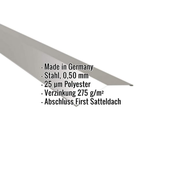 Firstblech flach Graualuminium RAL 9007 mit eingeblendeten Eckdaten zu Material, Staerke und Beschichtung