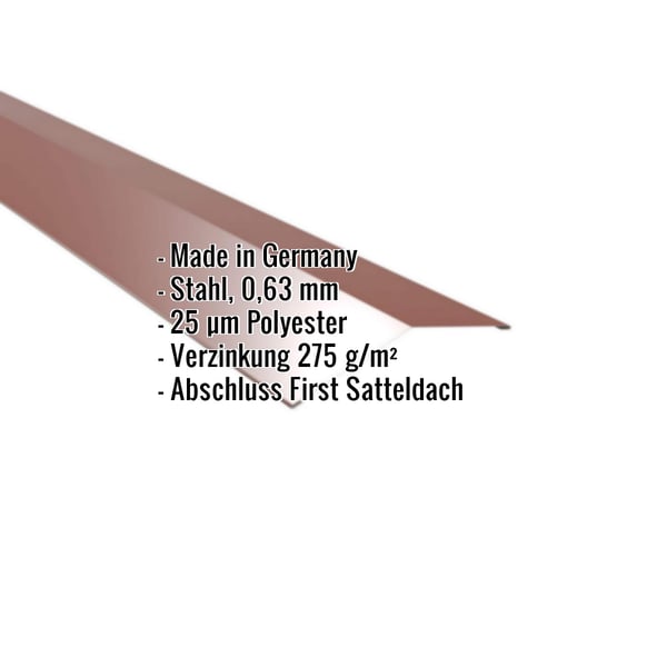 Firstblech flach, rotbraun, mit eingeblendeten Eckdaten zu Material, Staerke und Beschichtung