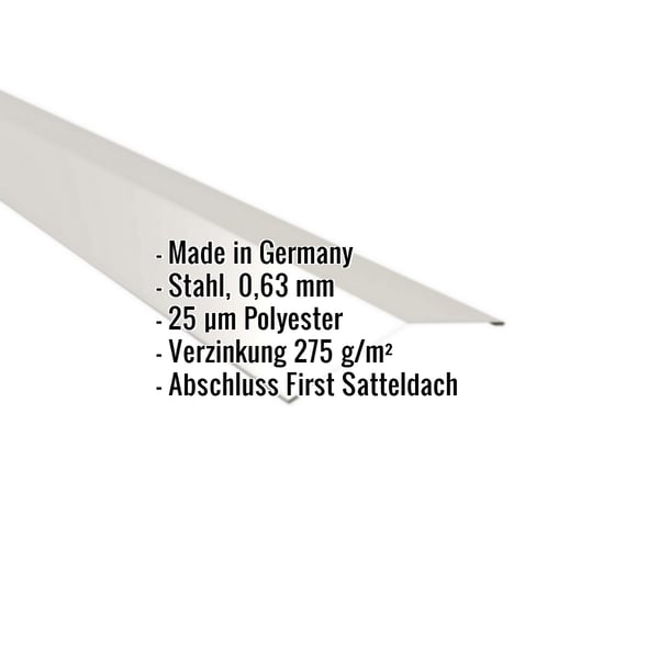 Firstblech flach Grauweiß RAL 9002 aus Stahl, 0,63 mm, mit eingeblendeten Eckdaten