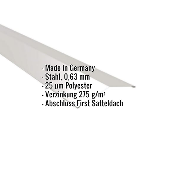 Firstblech flach Weißaluminium, 0,63 mm Stahl, 25 µm Polyester, mit eingeblendeten Eckdaten