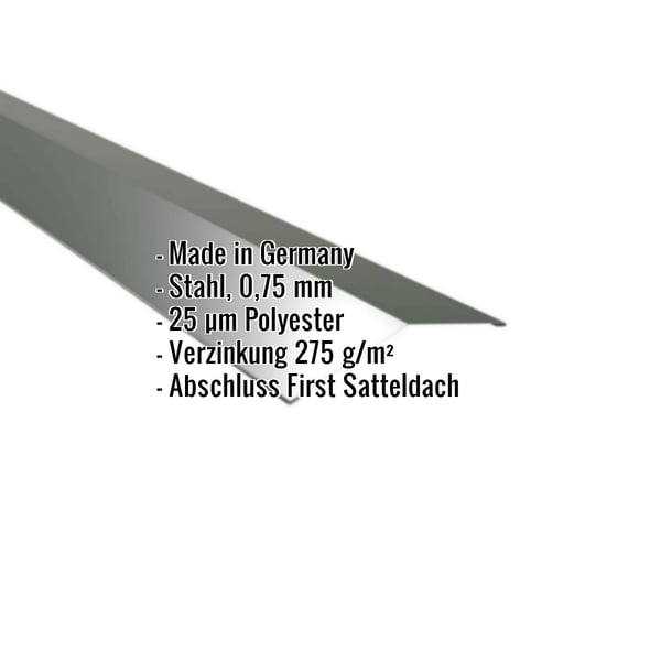 Firstblech flach Stahl Chromoxidgrün, 0,75 mm Stärke, mit eingeblendeten Eckdaten