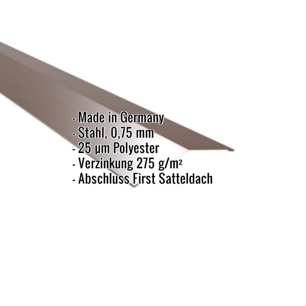 Firstblech flach Nussbraun RAL 8011, 0,75 mm Stahl, mit eingeblendeten Eckdaten
