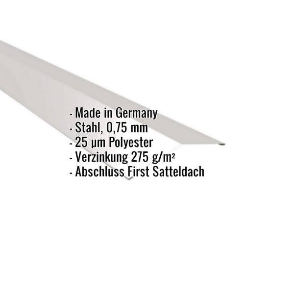 Firstblech flach aus Stahl, Weißaluminium RAL 9006, mit eingeblendeten Eckdaten