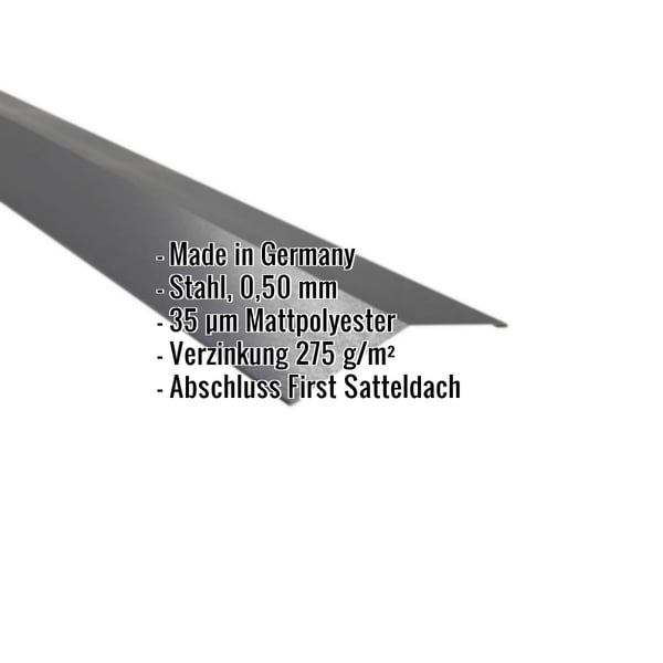Firstblech flach Stahl 0,50 mm dunkelgrau, Mattpolyester Beschichtung, mit eingeblendeten Eckdaten