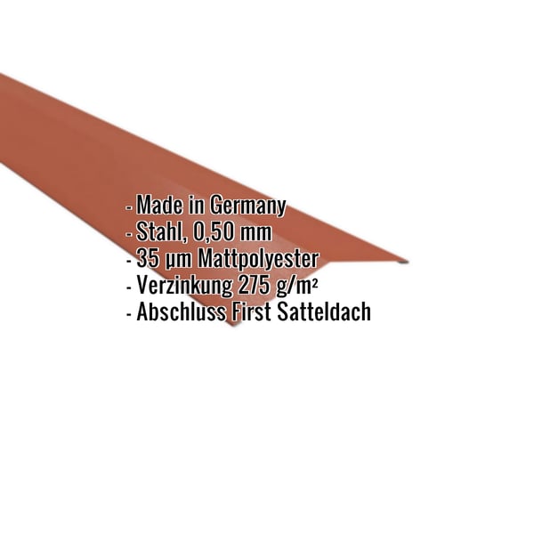 Firstblech flach Ziegelrot mit eingeblendeten Produktdaten wie Stahl 0,50 mm und 35 µm Mattpolyester