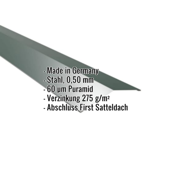 Firstblech flach, moosgrün, 0,50 mm Stahl, mit eingeblendeten Eckdaten