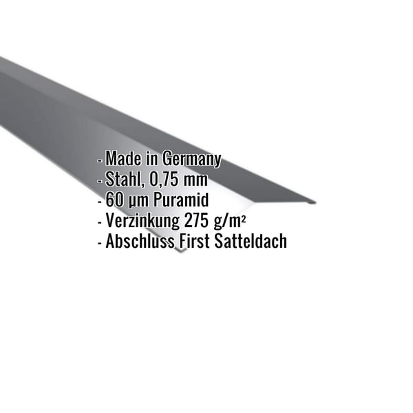 Firstblech flach Anthrazitgrau, Stahl 0,75 mm, 60 µm Puramid Beschichtung, mit eingeblendeten Eckdaten