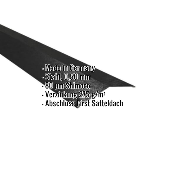 Firstblech flach Tiefschwarz RAL 9005 mit Shimoco Beschichtung, Eckdaten eingeblendet