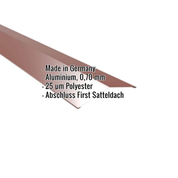 Firstblech flach Aluminium 0,70 mm Rotbraun RAL 8012 mit eingeblendeten Eckdaten