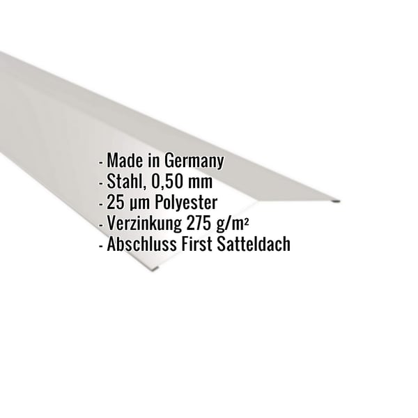 Firstblech flach aus Stahl, lichtgrau RAL 7035, mit eingeblendeten technischen Daten