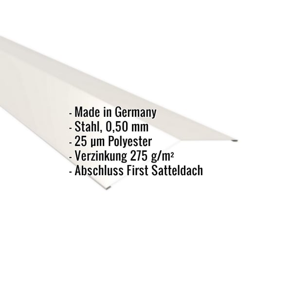 Firstblech flach Reinweiß RAL 9010 Stahl 0,50 mm, mit eingeblendeten Eckdaten zu Material und Beschichtung