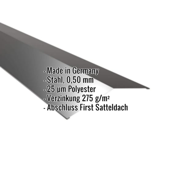 Firstblech flach Tiefschwarz, Stahl 0,50 mm, mit eingeblendeten Eckdaten