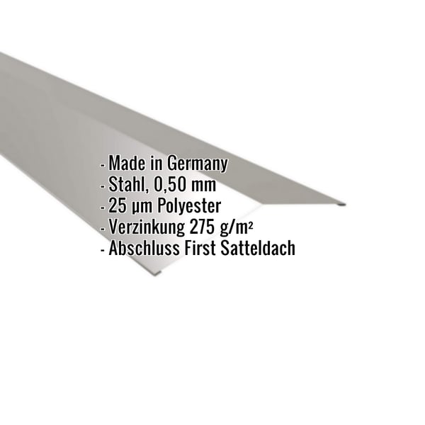 Firstblech flach Graualuminium RAL 9007 mit eingeblendeten Eckdaten zu Material, Staerke und Beschichtung