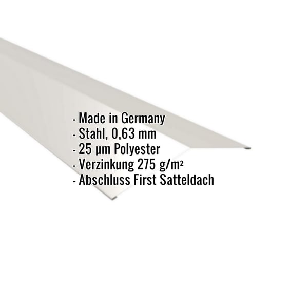 Firstblech flach, Grauweiß RAL 9002, Stahl 0,63 mm, 25 µm Polyesterbeschichtung, Eckdaten eingeblendet