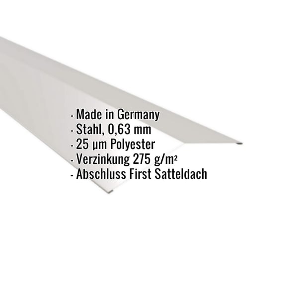 Firstblech flach Weißaluminium, 0,63 mm Stahl, mit eingeblendeten Eckdaten