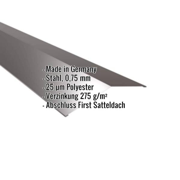 Firstblech flach Stahl 0,75 mm Schokoladenbraun mit eingeblendeten Eckdaten und Anwendungsbereich Satteldach