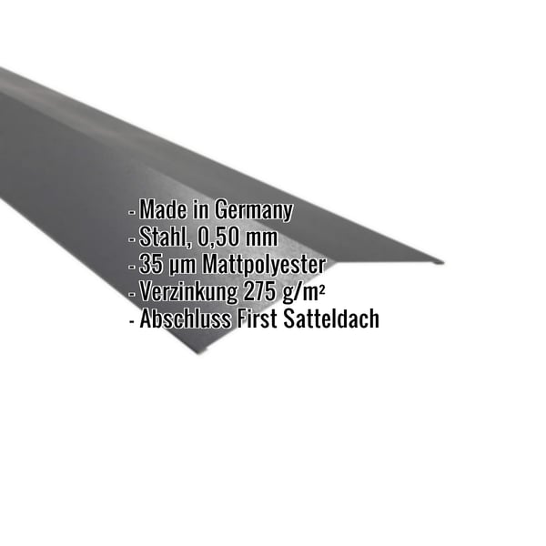 Firstblech flach dunkelgrau, 0,50 mm Stahl, 35 µm Mattpolyester, mit eingeblendeten Eckdaten