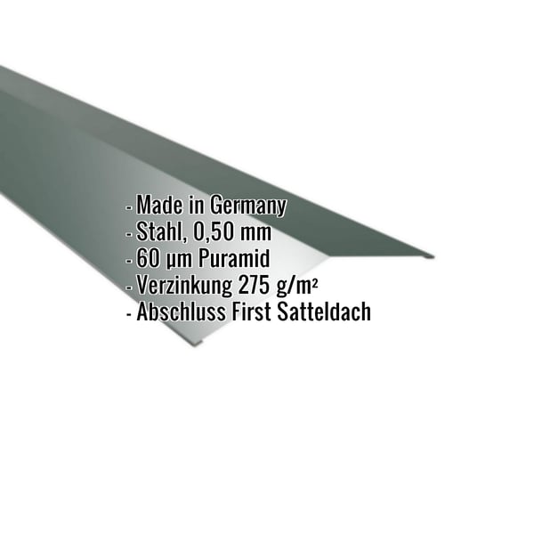Firstblech flach Stahl 0,50 mm Moosgrün, mit eingeblendeten Eckdaten zu Material und Beschichtung