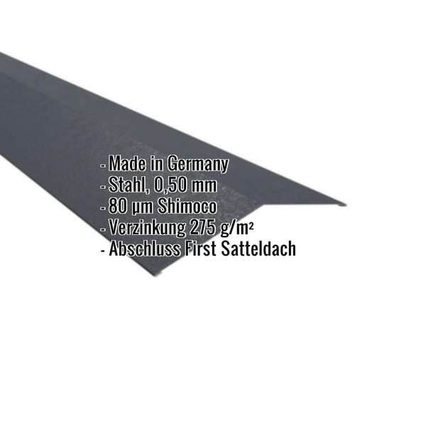 Firstblech flach Anthrazitgrau, 0,50 mm Stahl, Shimoco Beschichtung, mit eingeblendeten Eckdaten
