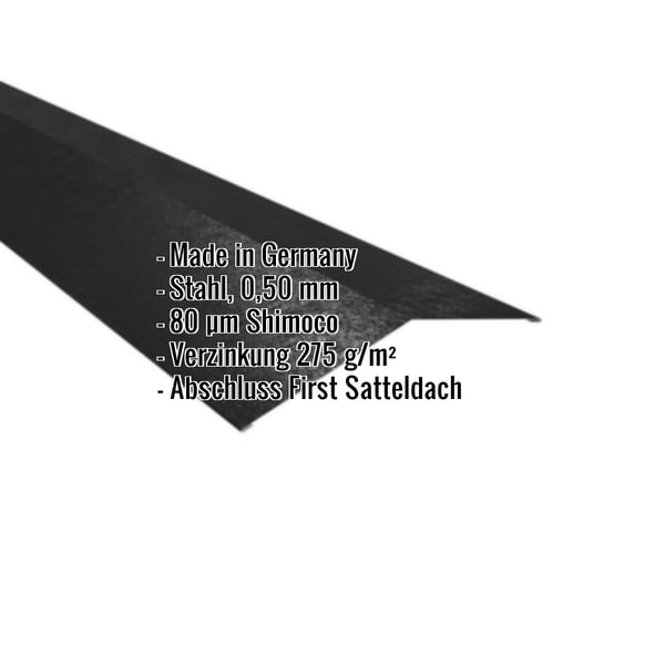 Firstblech flach Tiefschwarz RAL 9005, 0,50 mm Stahl, 80 µm Shimoco Beschichtung, mit eingeblendeten Eckdaten